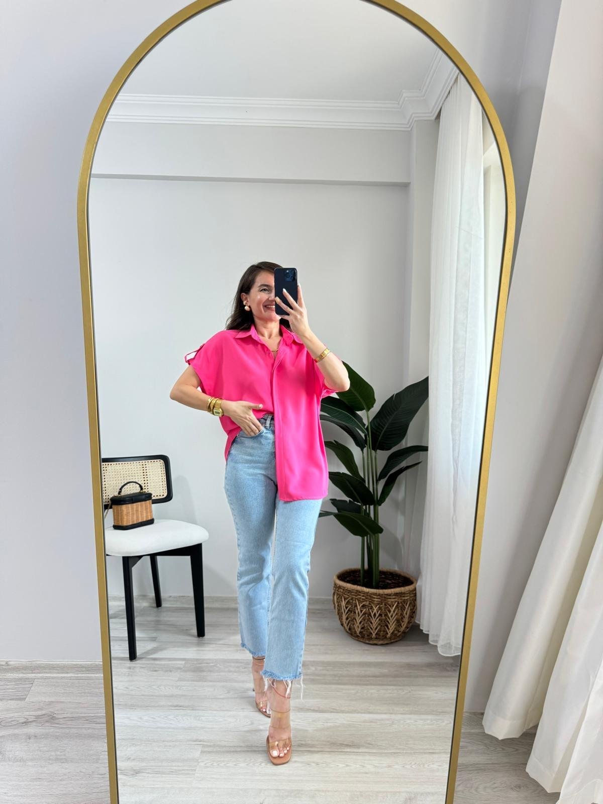 Pembe Omuz Detaylı Kolsuz Gömlek 504