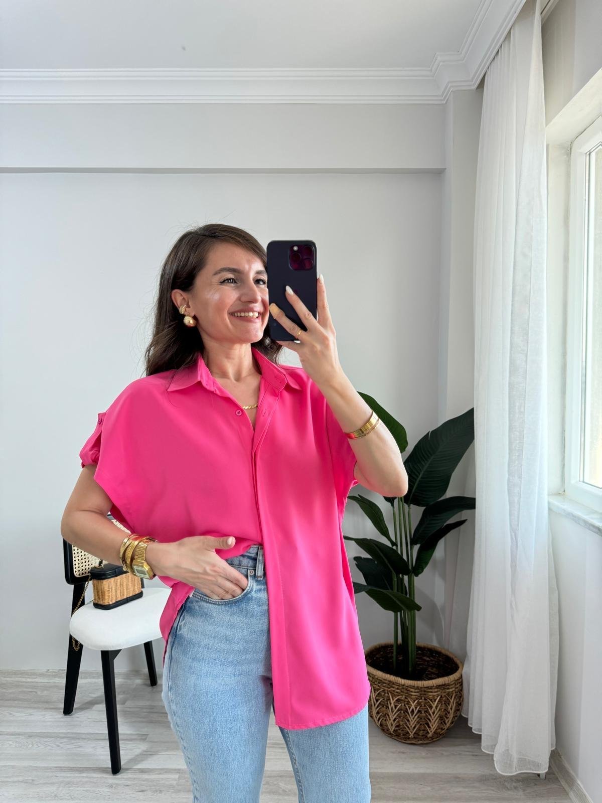 Pembe Omuz Detaylı Kolsuz Gömlek 504