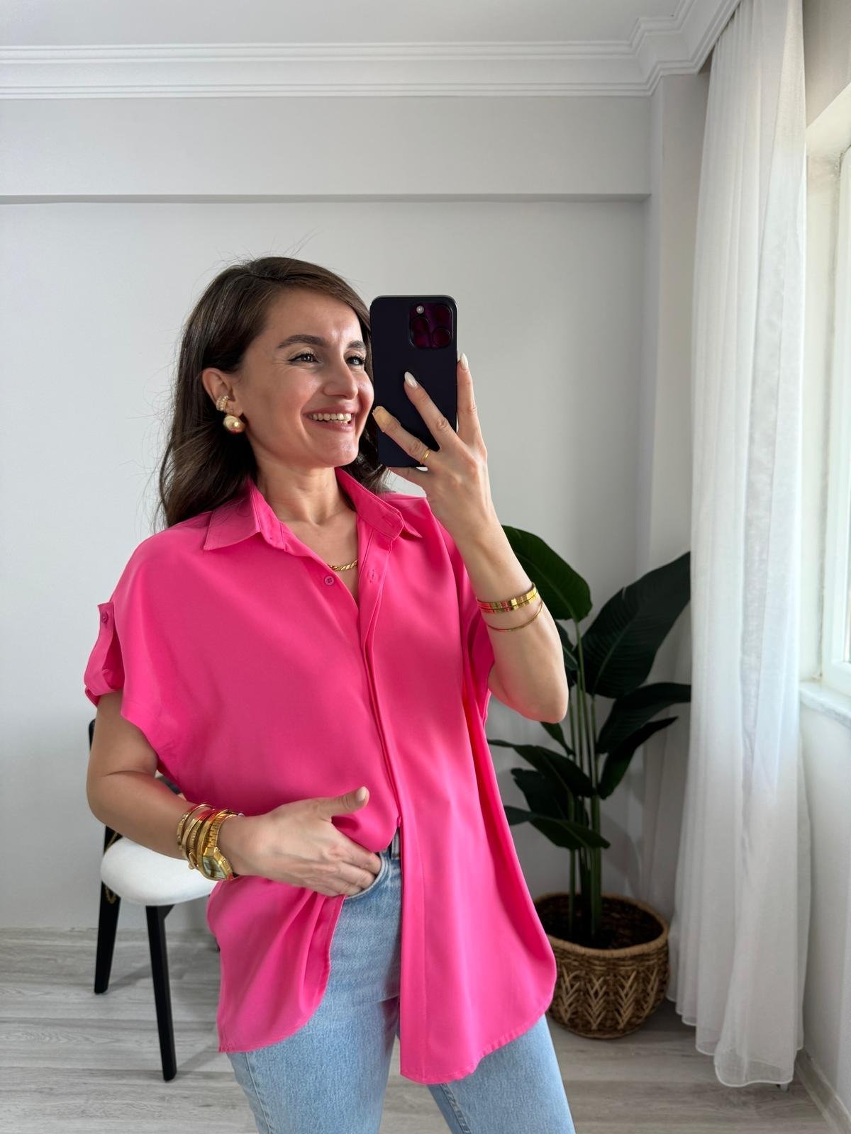 Pembe Omuz Detaylı Kolsuz Gömlek 504