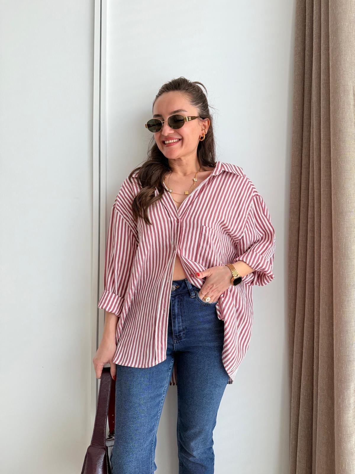 Pembe Ön Cepli İnce Çizgili Oversize Gömlek 5305