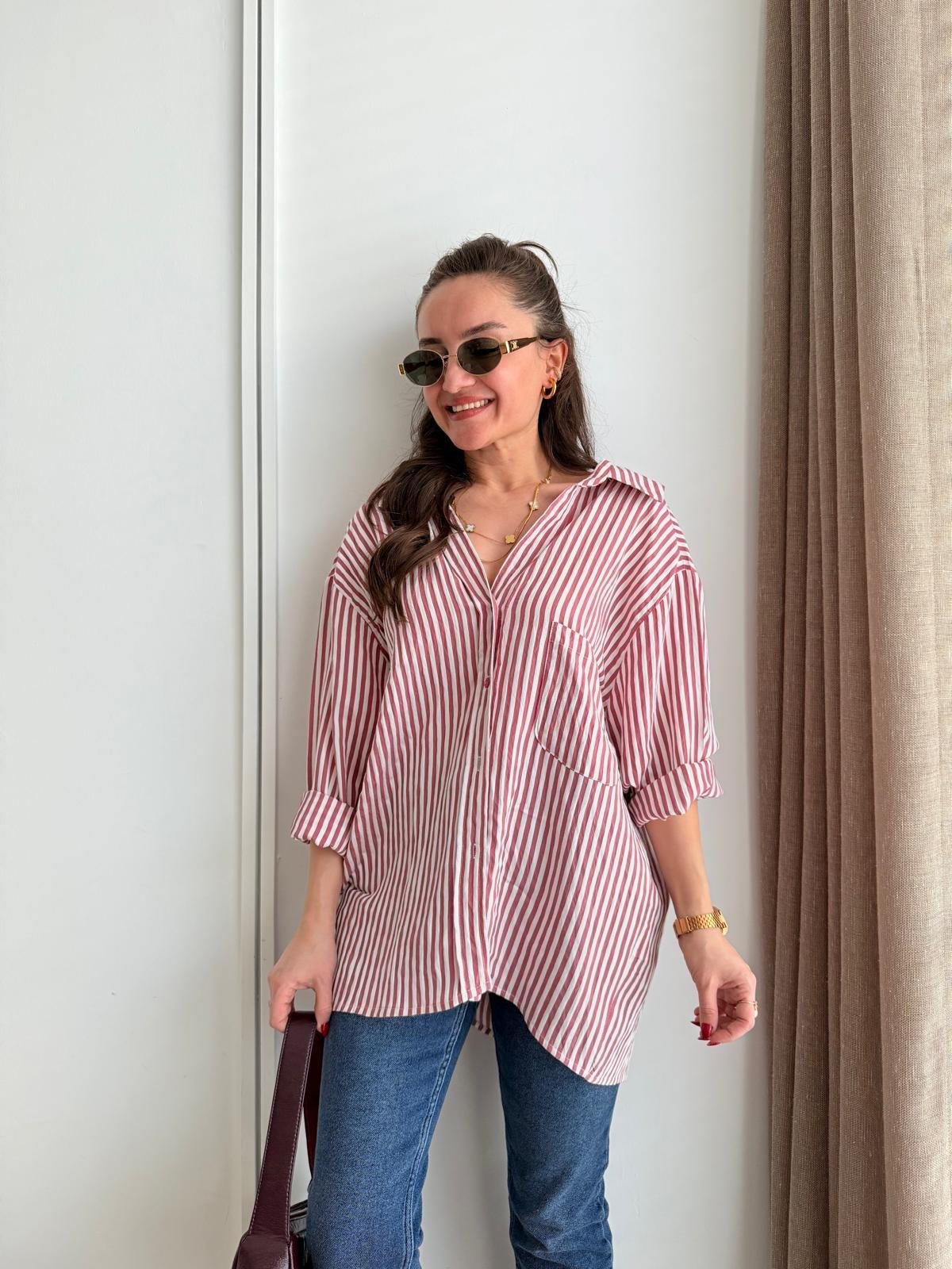 Pembe Ön Cepli İnce Çizgili Oversize Gömlek 5305