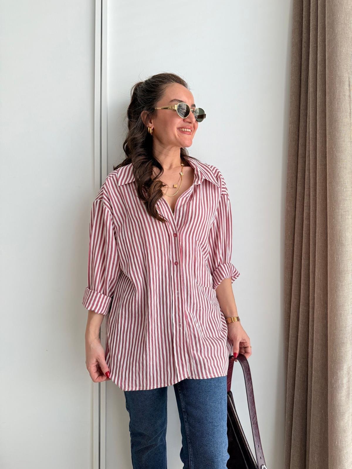 Pembe Ön Cepli İnce Çizgili Oversize Gömlek 5305
