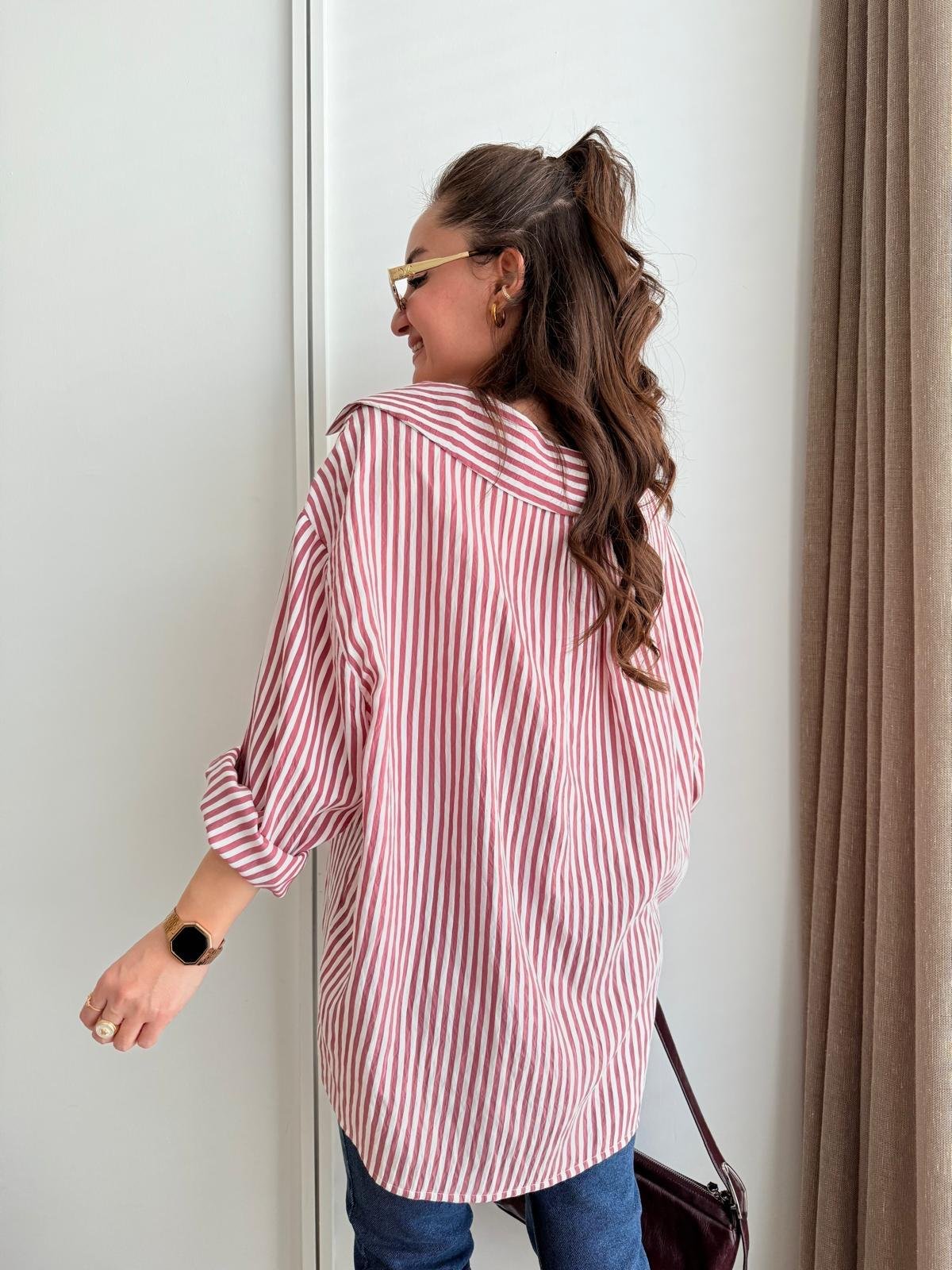Pembe Ön Cepli İnce Çizgili Oversize Gömlek 5305