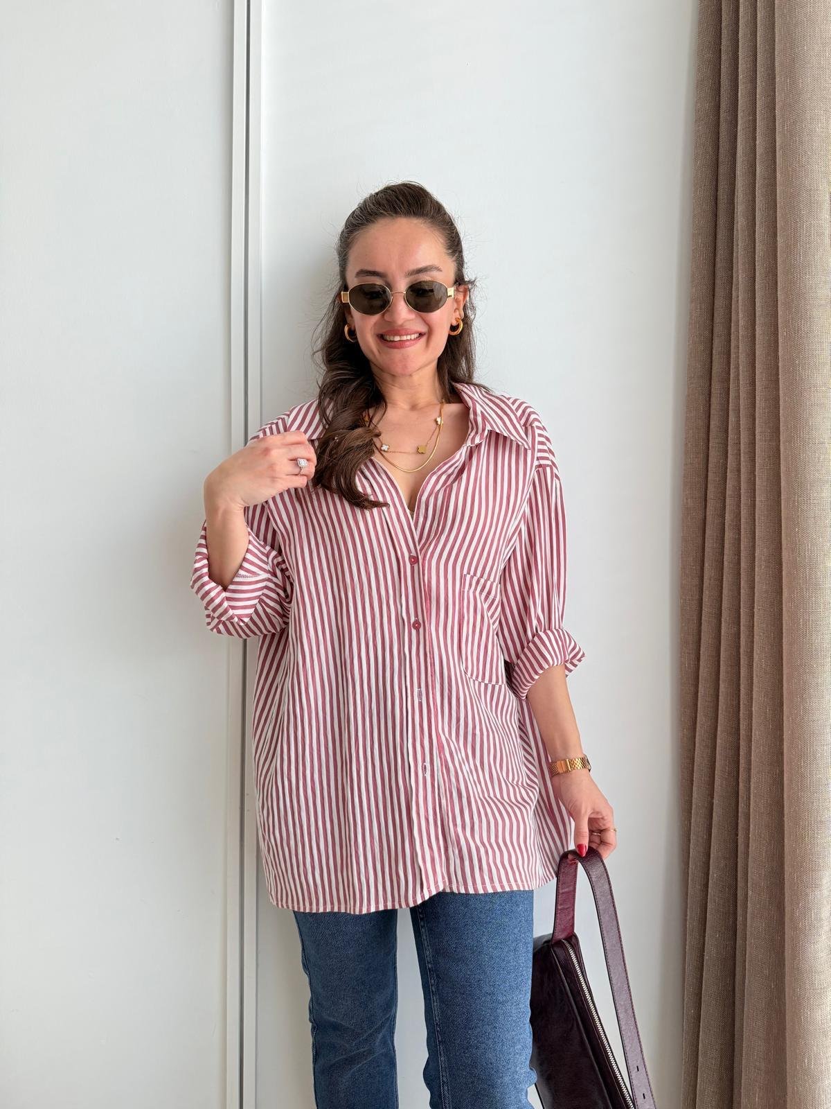 Pembe Ön Cepli İnce Çizgili Oversize Gömlek 5305