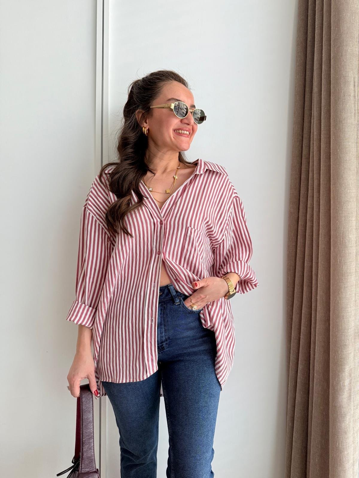 Pembe Ön Cepli İnce Çizgili Oversize Gömlek 5305