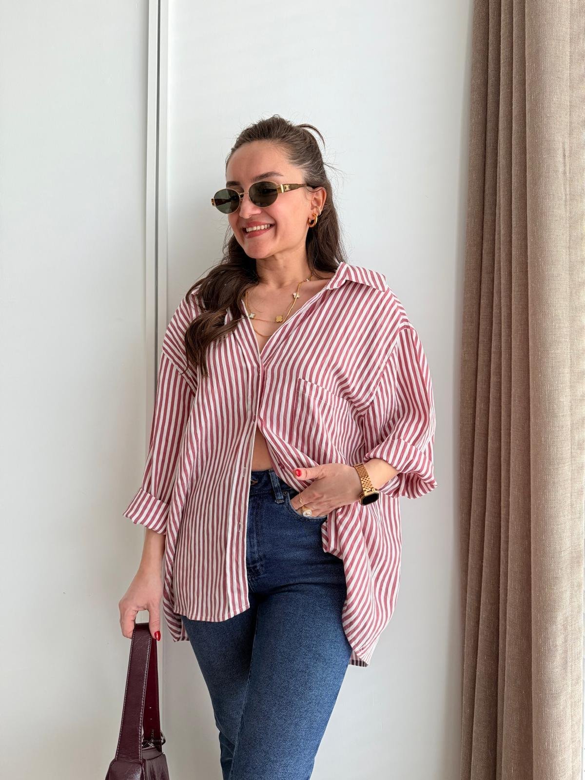 Pembe Ön Cepli İnce Çizgili Oversize Gömlek 5305
