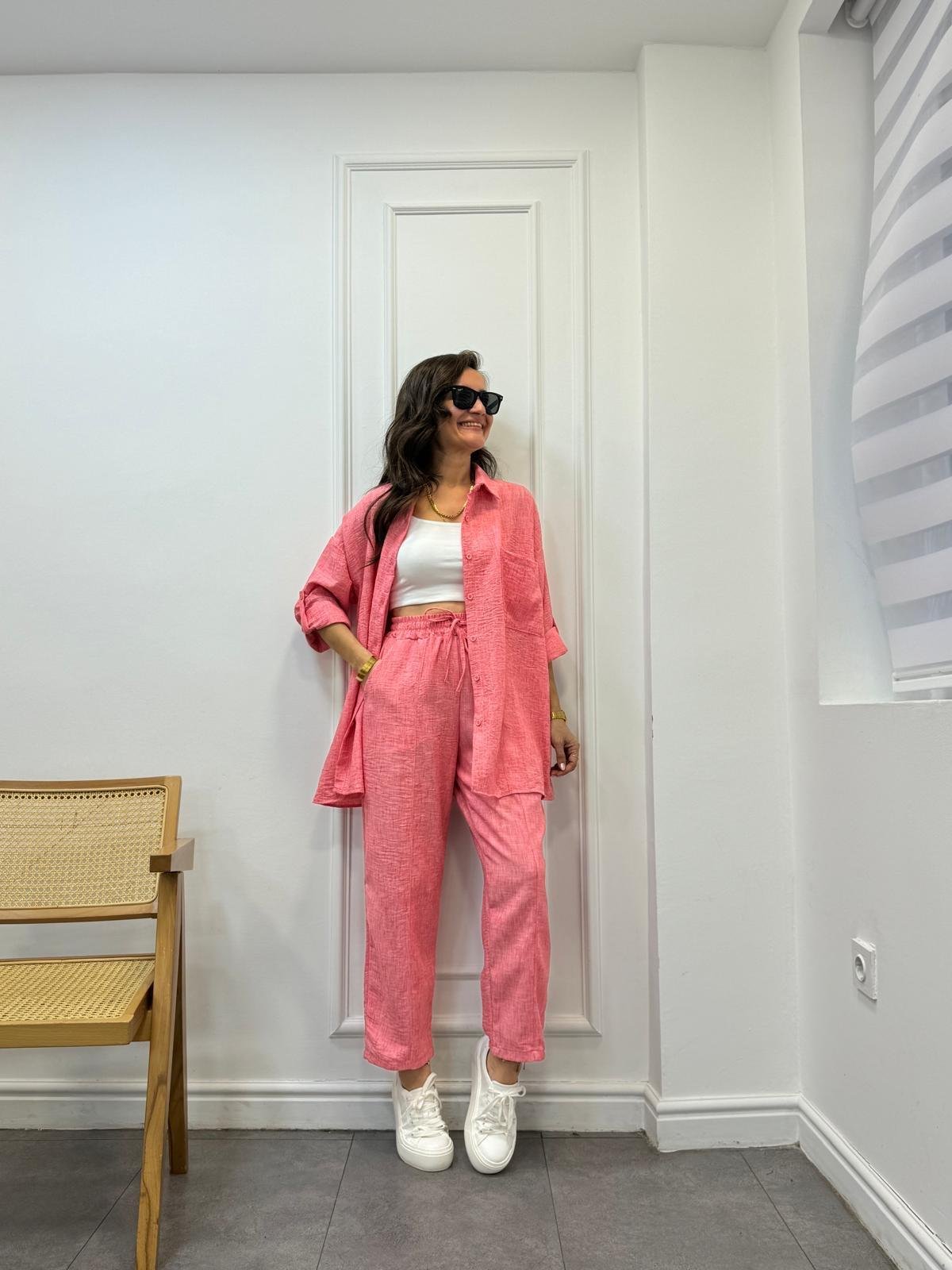 Pembe Önü Cep Detaylı Gömlek Pantolon Takım 1061