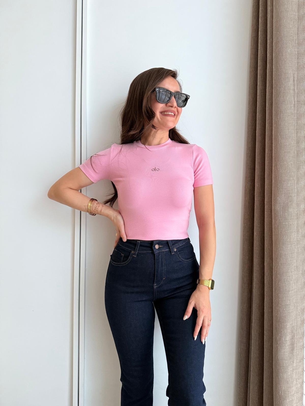 Pembe Orjinal Marka Bisiklet Yaka Yarım Kol Bluz 51066
