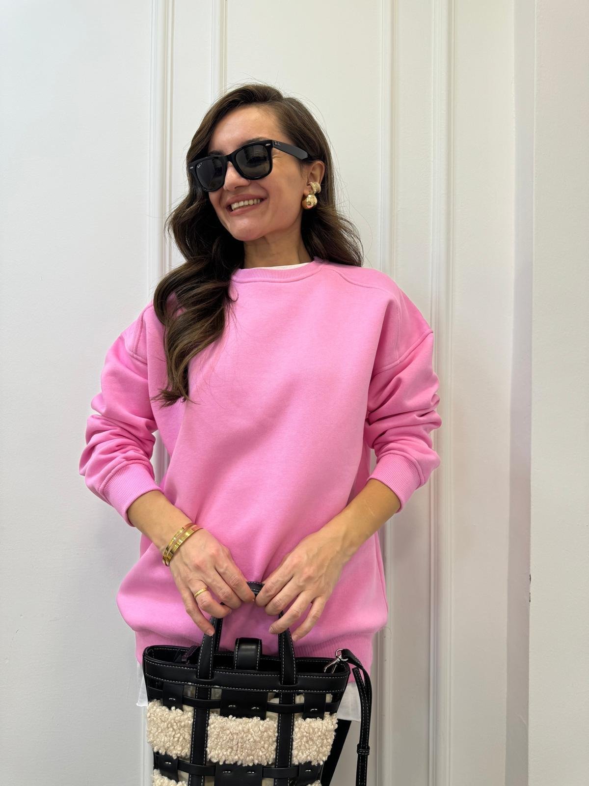 Pembe Oversize Bisiklet Yaka Sweatshırt 7912