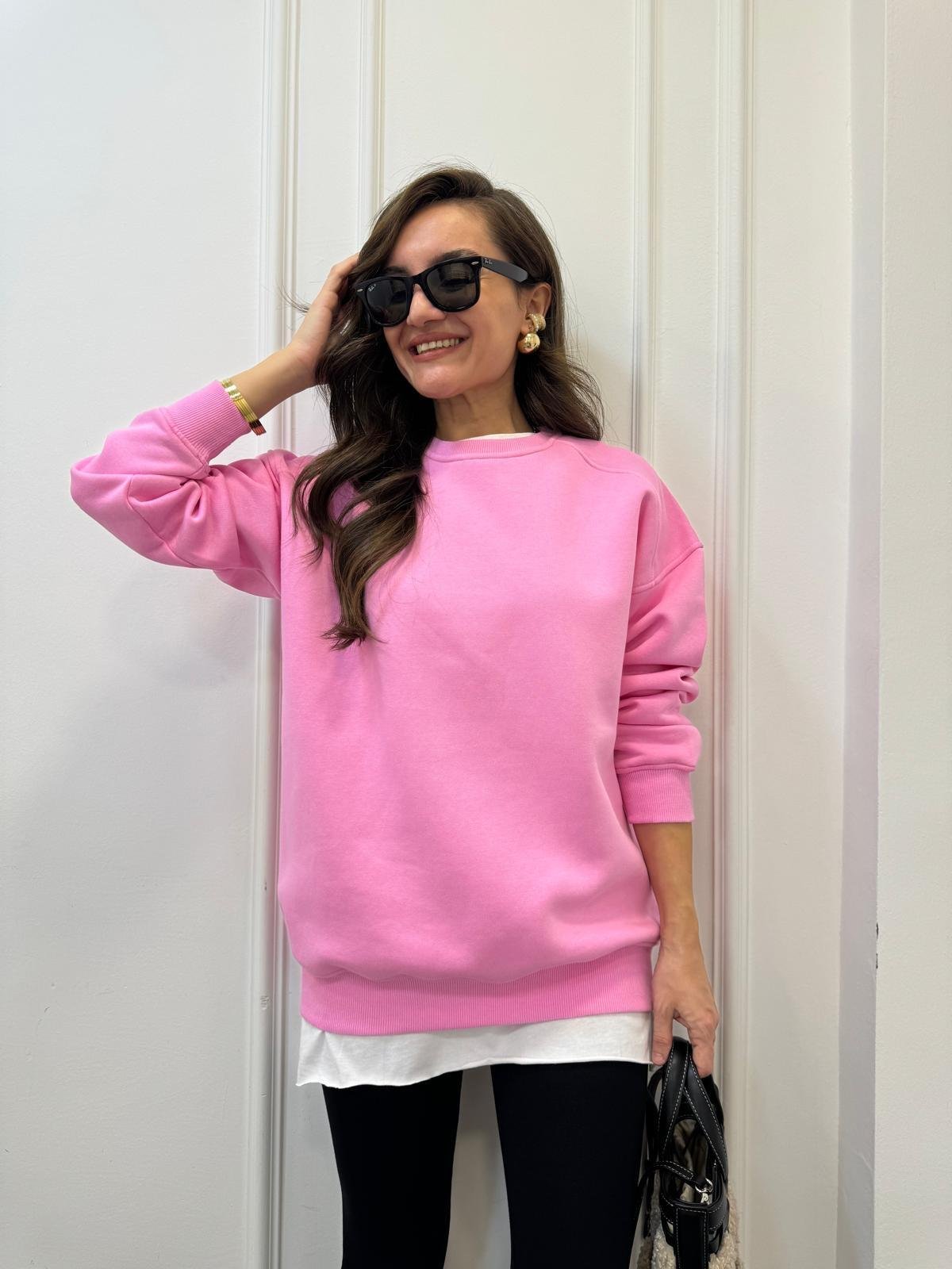 Pembe Oversize Bisiklet Yaka Sweatshırt 7912