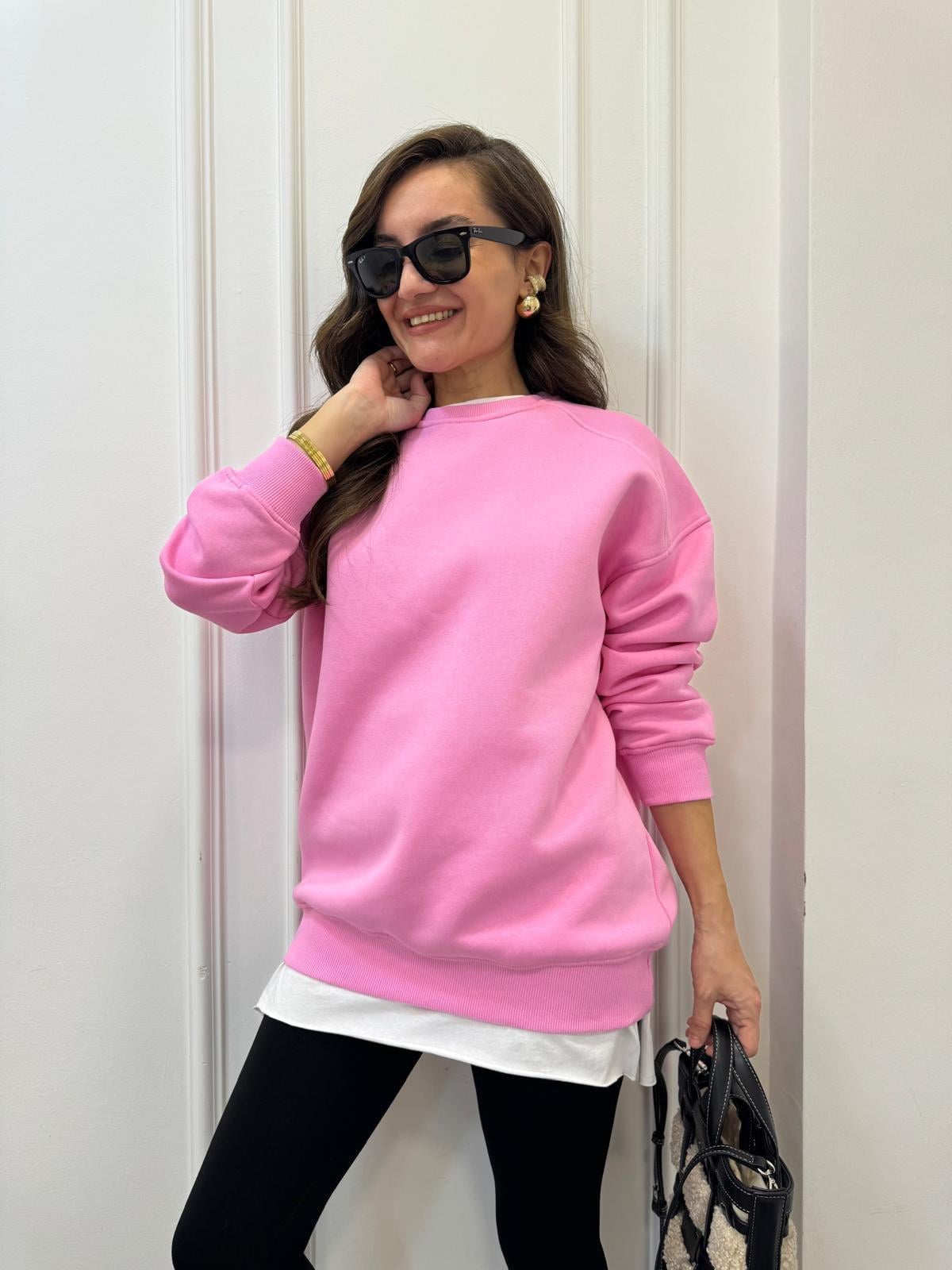 Pembe Oversize Bisiklet Yaka Sweatshırt 7912