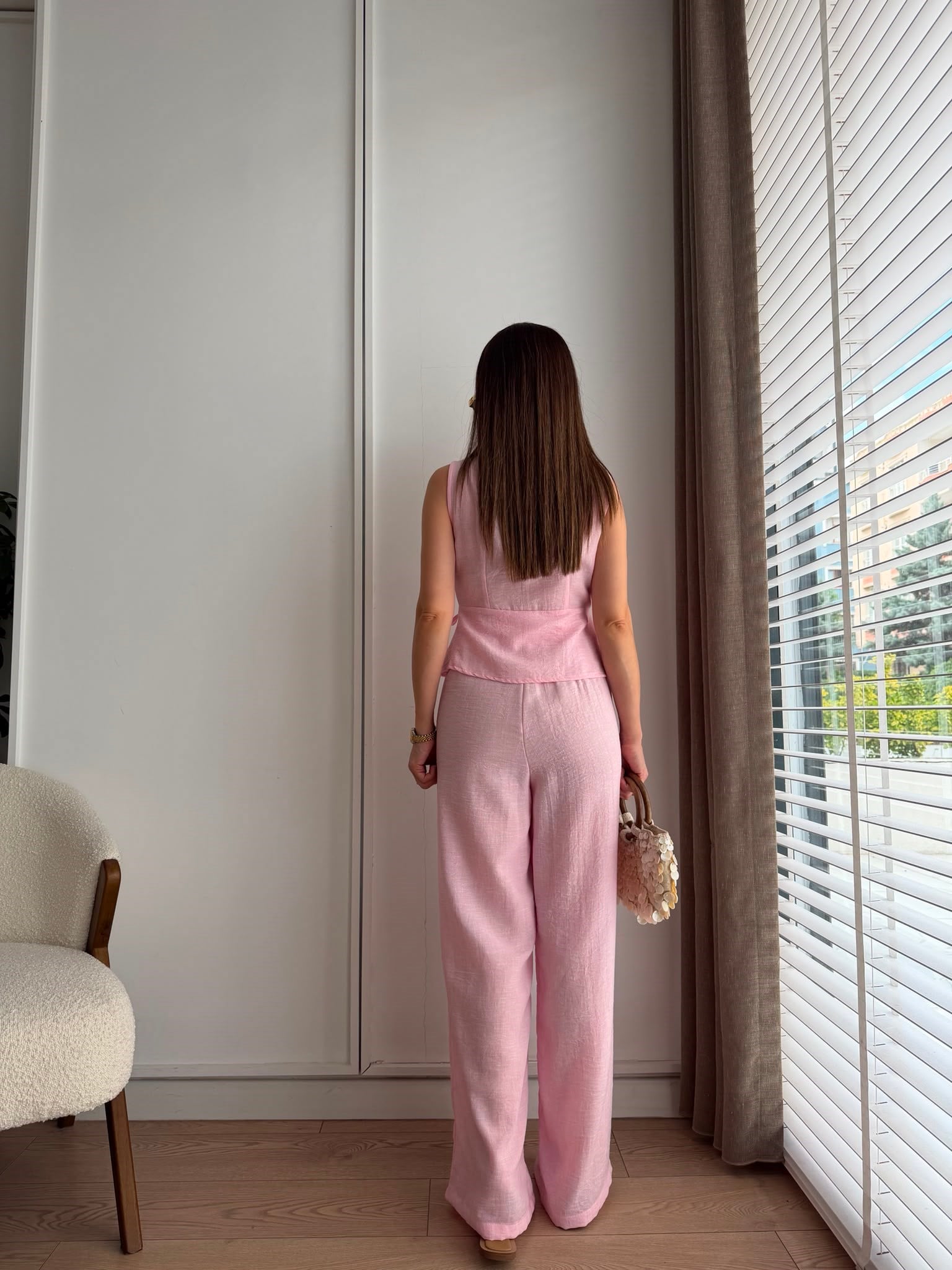 Pembe Pens Detaylı Arkadan Bağlamalı Müslin Takım 580992