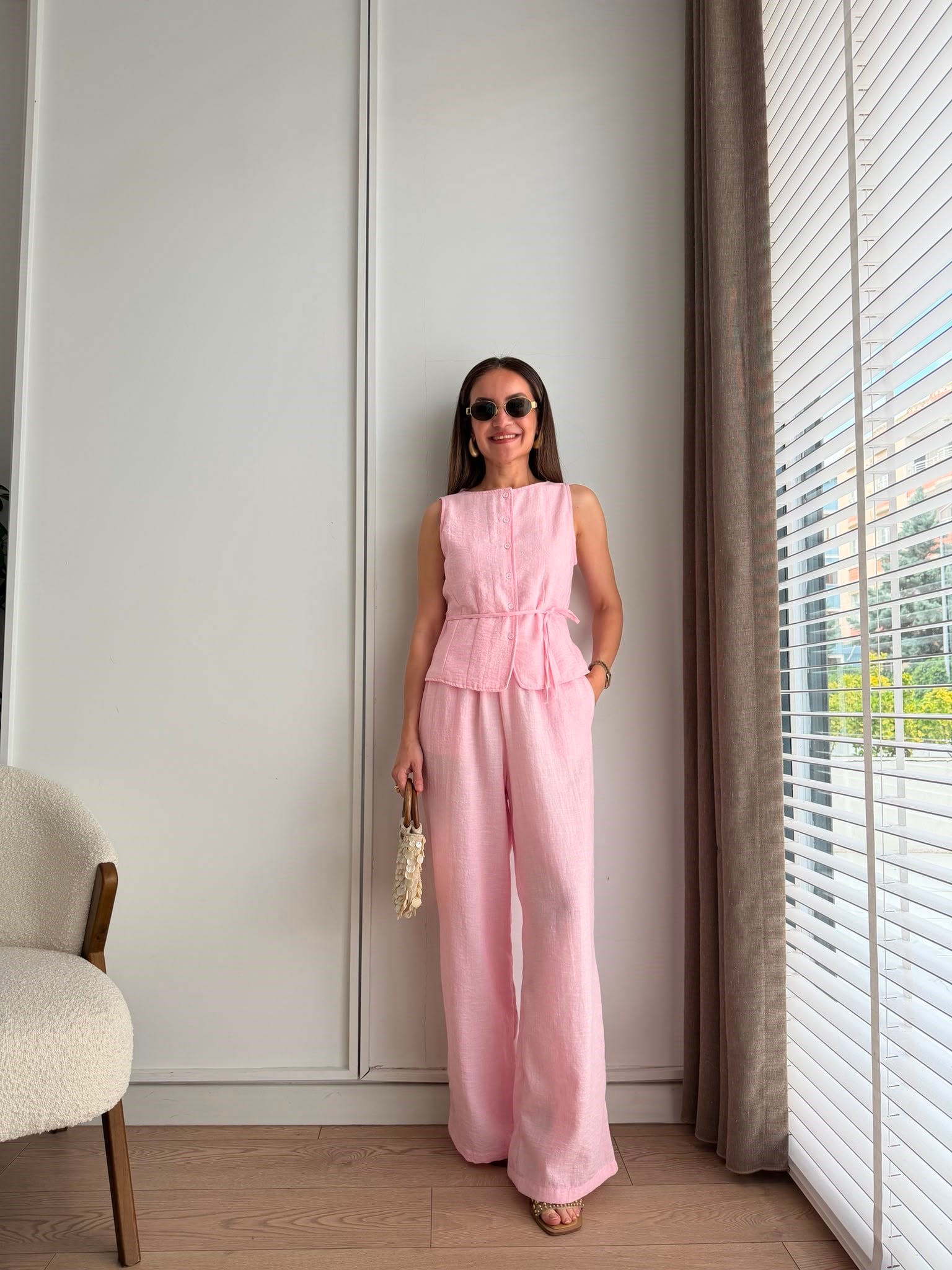 Pembe Pens Detaylı Arkadan Bağlamalı Müslin Takım 580992