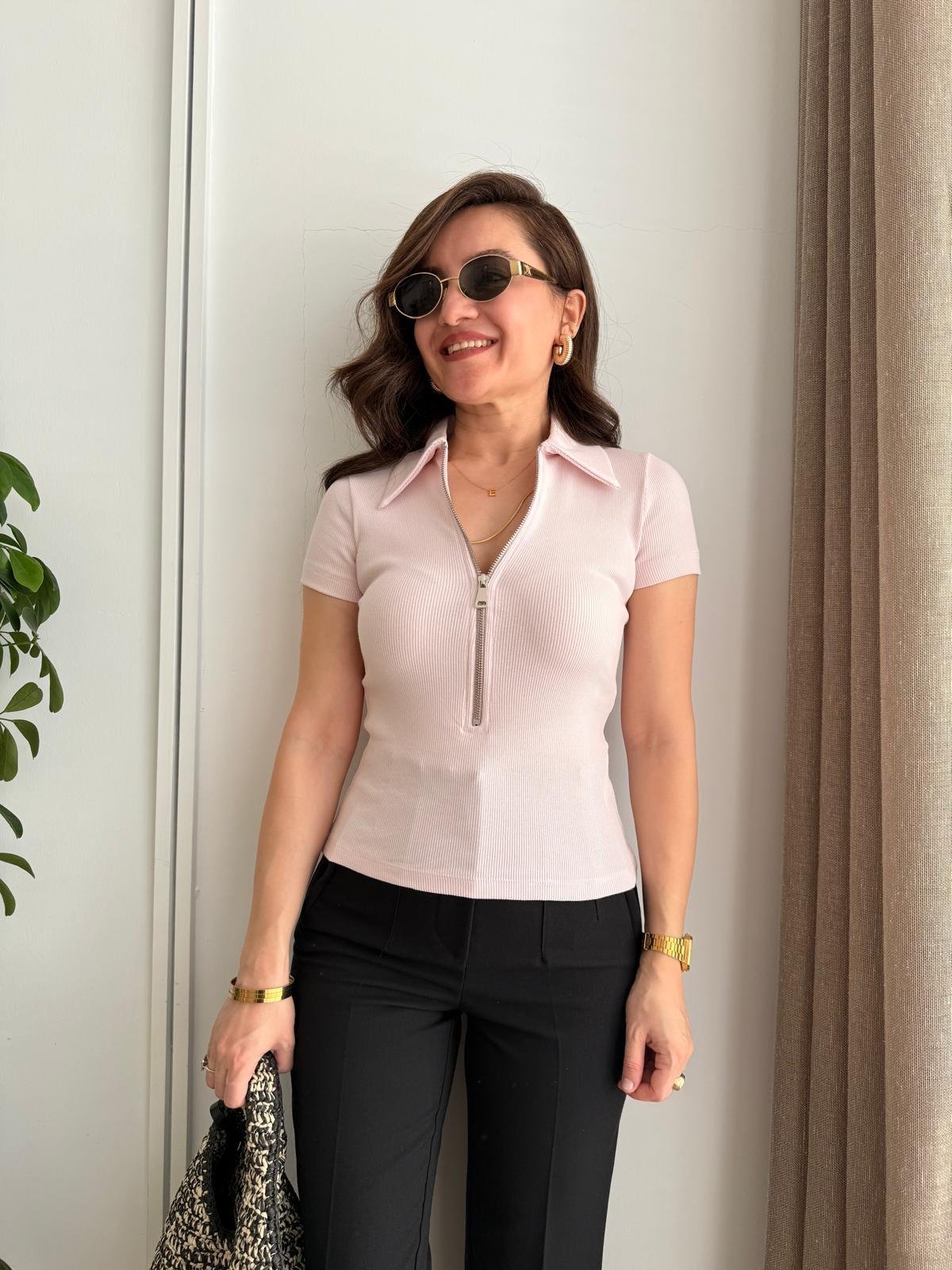 Pembe Polo Yaka Fermuarlı Kısa Kol Tshirt 251082