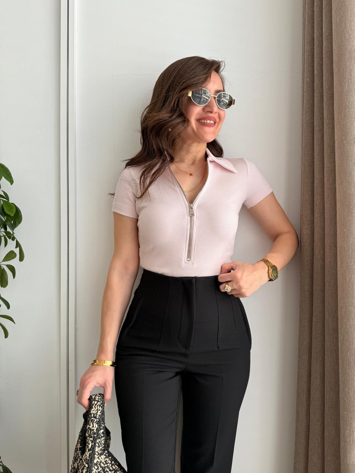 Pembe Polo Yaka Fermuarlı Kısa Kol Tshirt 251082