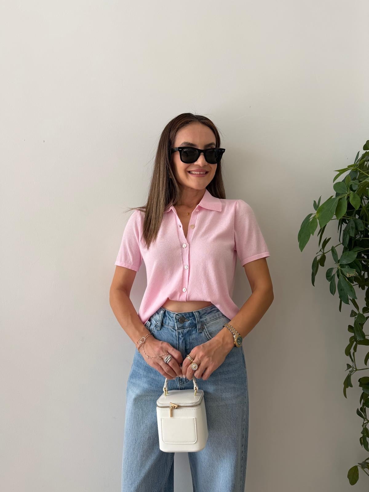Pembe Polo Yaka Triko Hırka 5482