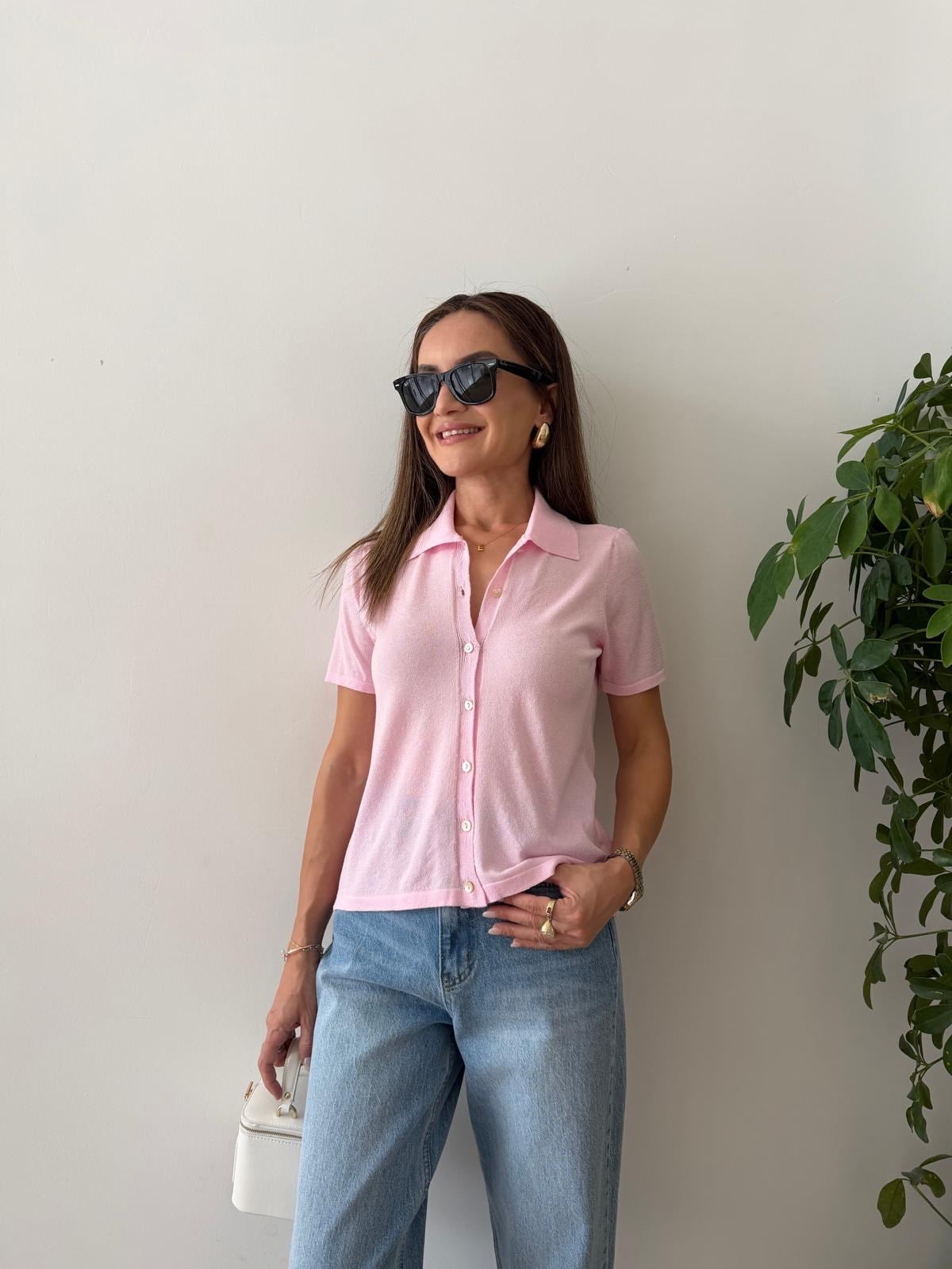 Pembe Polo Yaka Triko Hırka 5482