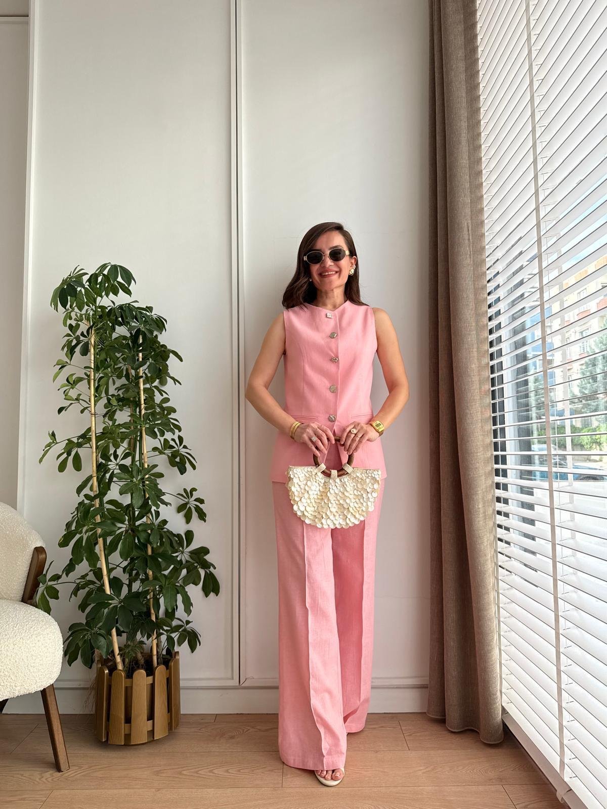 Pembe Premıum Seri Gümüş Düğme Detaylı Yelek Pantolon Takım 2028