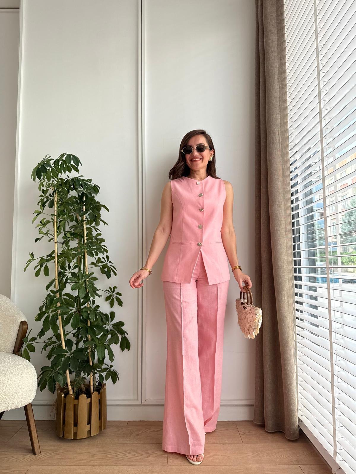 Pembe Premıum Seri Gümüş Düğme Detaylı Yelek Pantolon Takım 2028