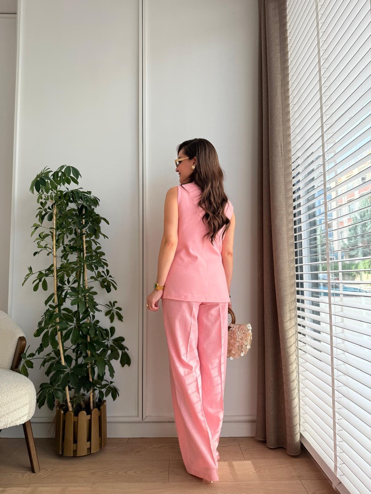 Pembe Premıum Seri Gümüş Düğme Detaylı Yelek Pantolon Takım 2028
