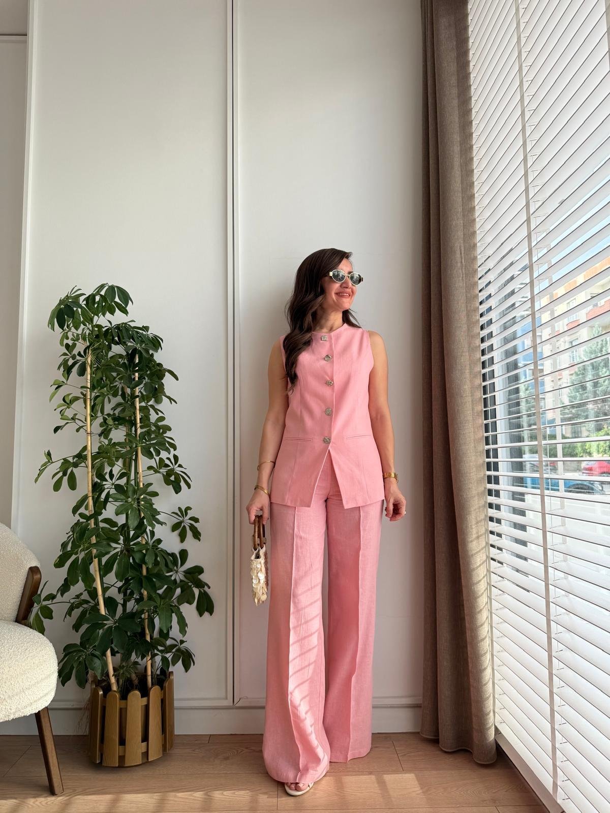 Pembe Premıum Seri Gümüş Düğme Detaylı Yelek Pantolon Takım 2028