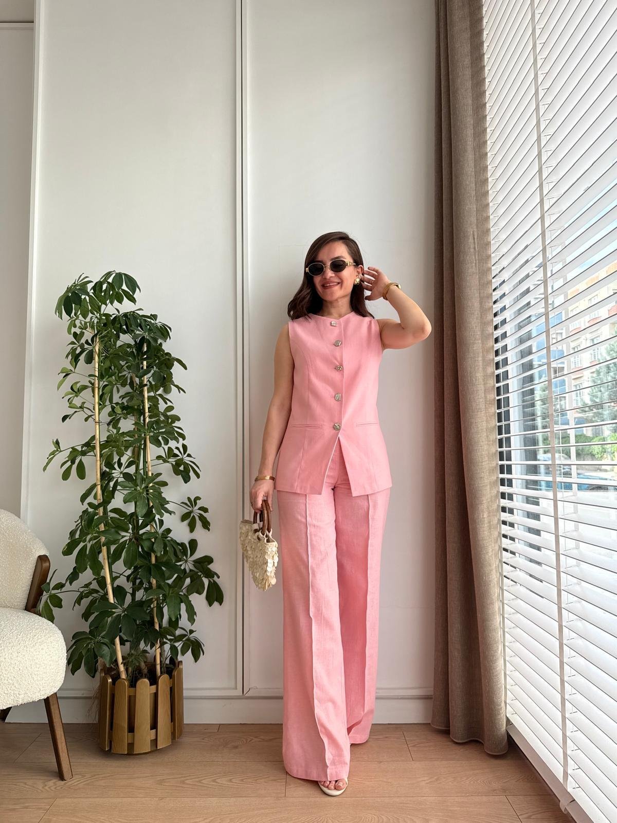 Pembe Premıum Seri Gümüş Düğme Detaylı Yelek Pantolon Takım 2028