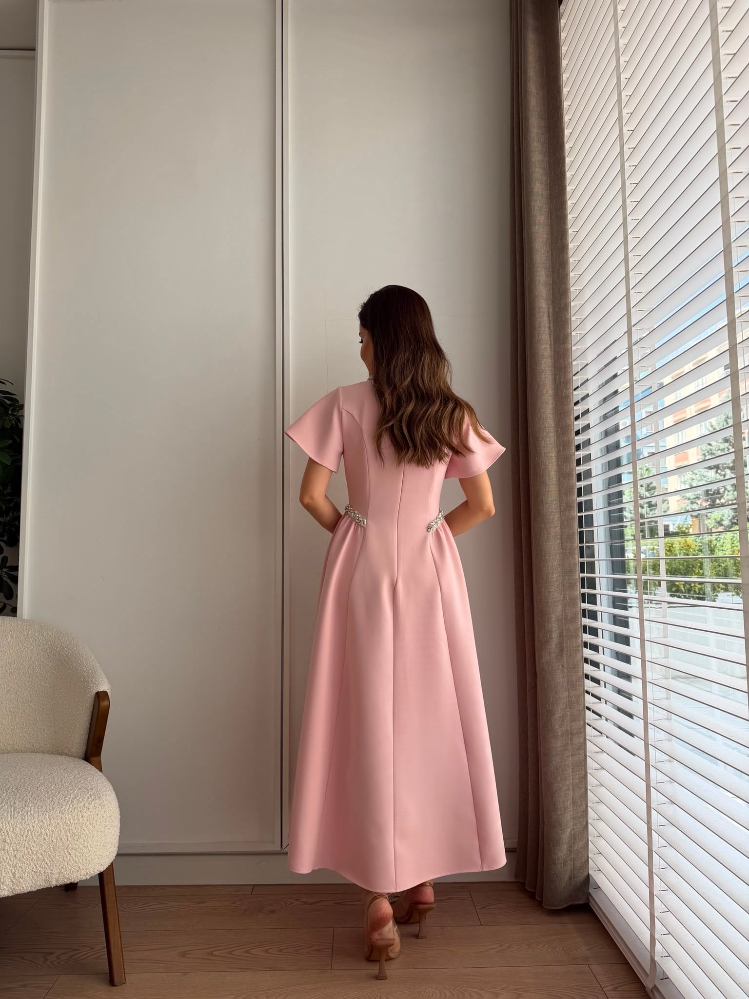 Pembe Prenses Kesim Taş İşlemeli Elbise 3220