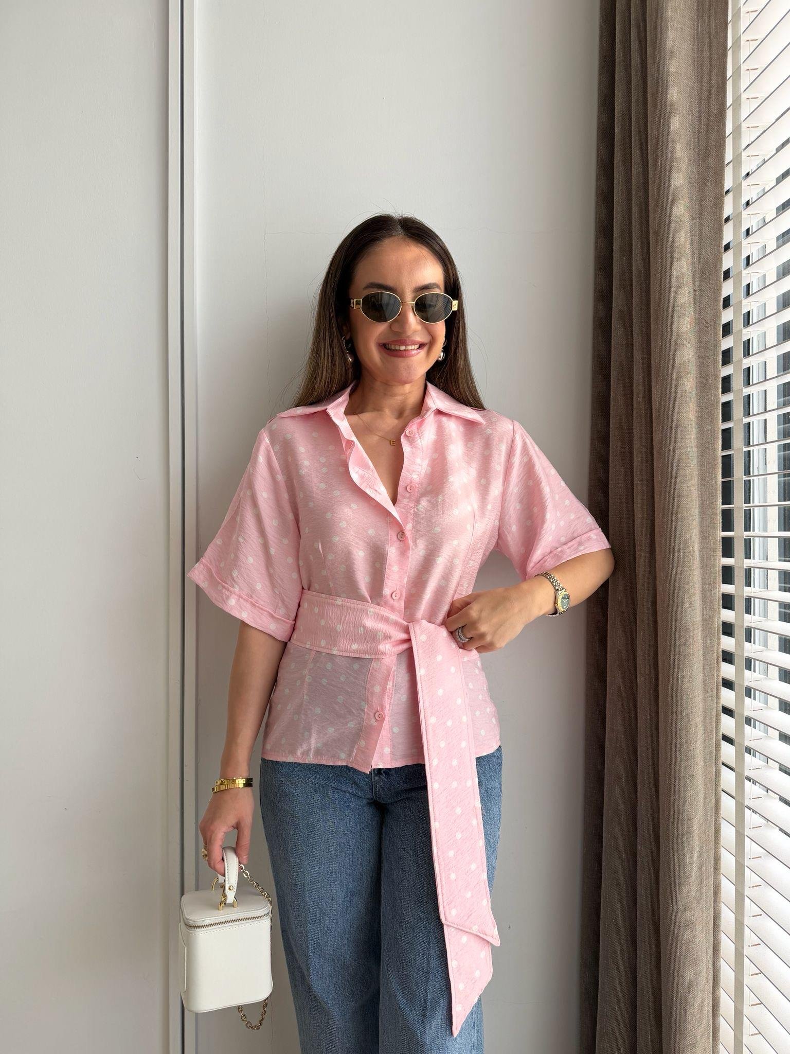Pembe Puantiyeli Kuşaklı Gömlek 5501