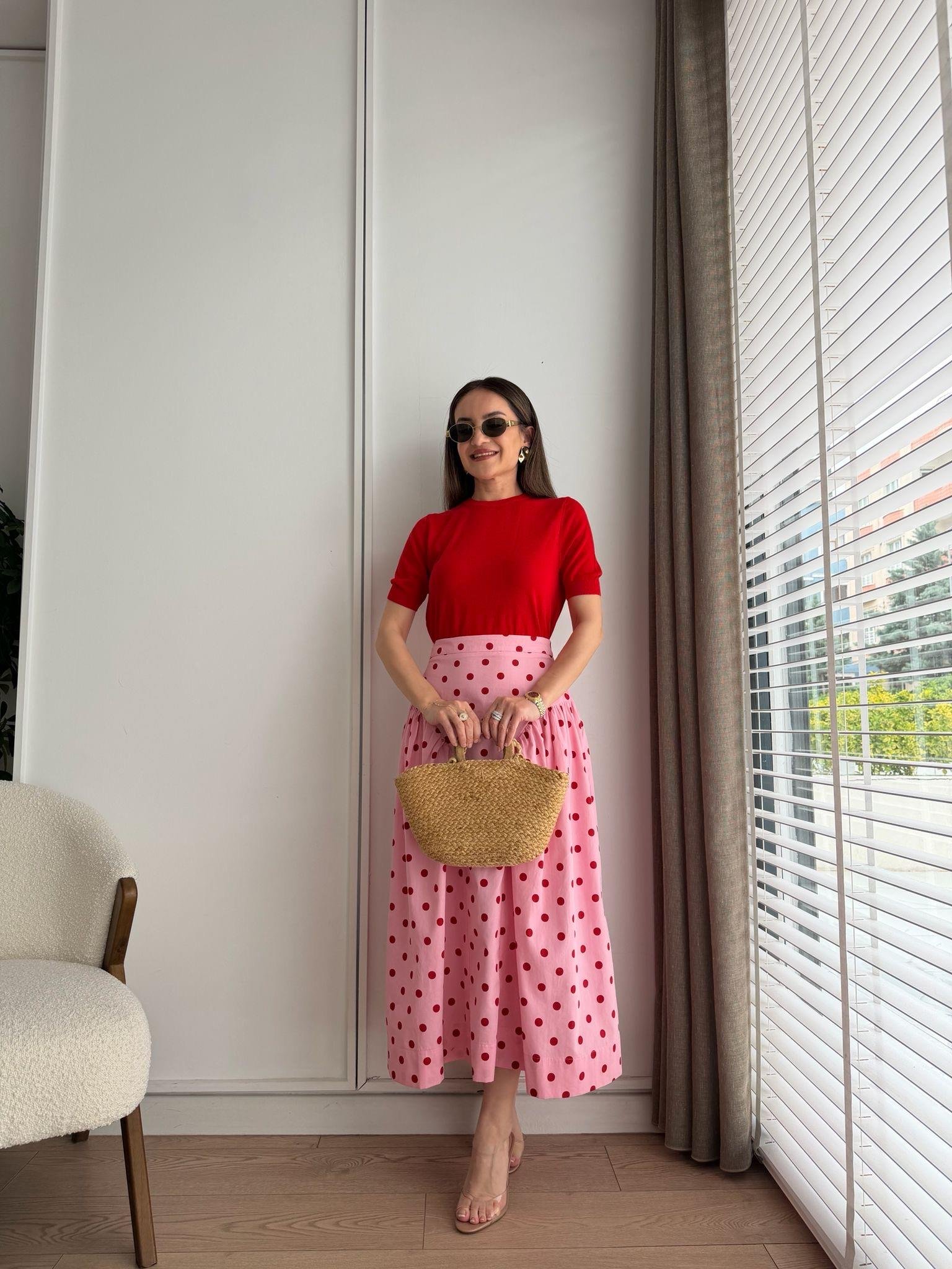 Pembe Puantiyeli Volanlı Etek 05112