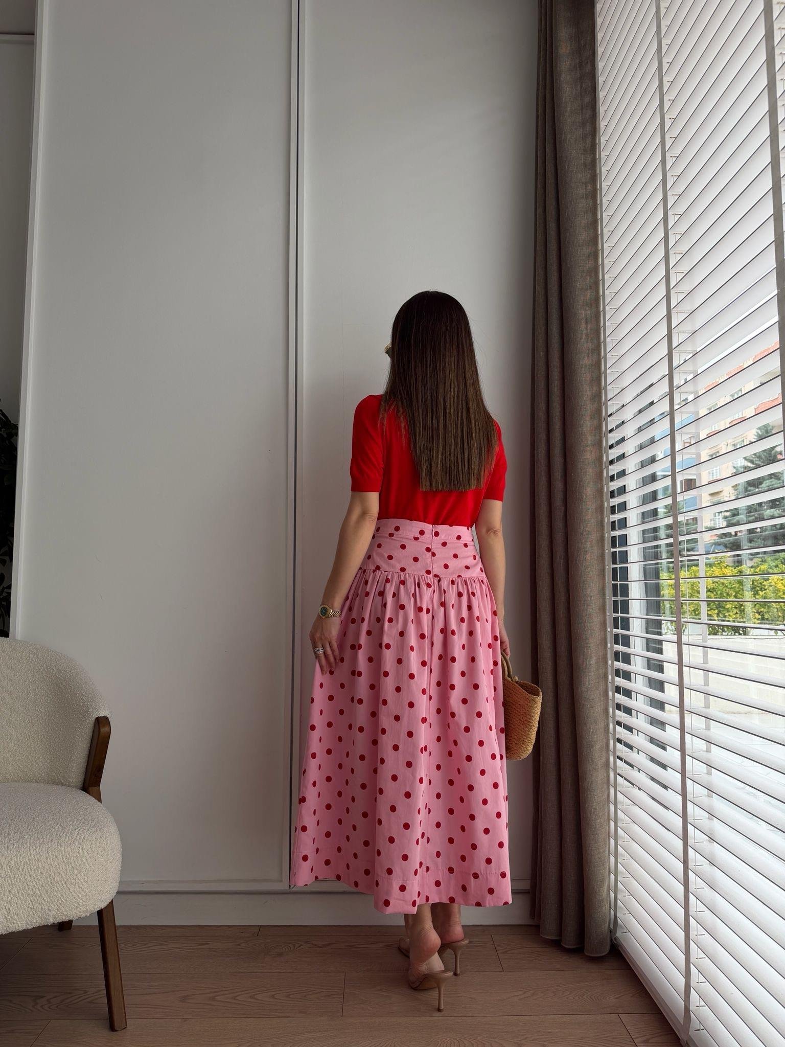 Pembe Puantiyeli Volanlı Etek 05112