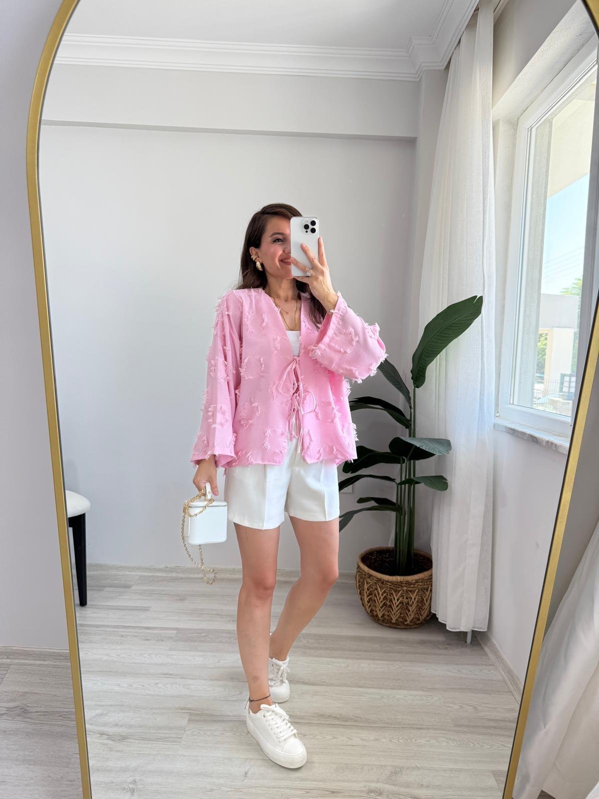 Pembe Püskül Detaylı Ön Bağlamalı Kimono 7012