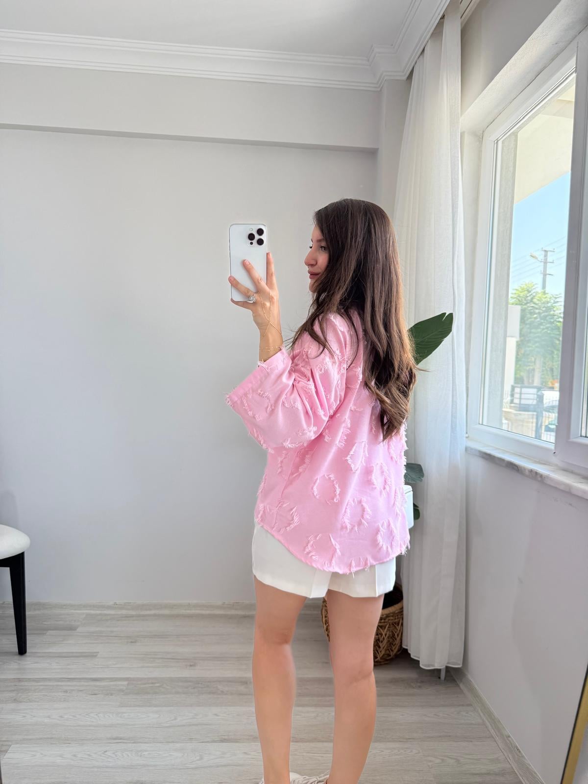Pembe Püskül Detaylı Ön Bağlamalı Kimono 7012