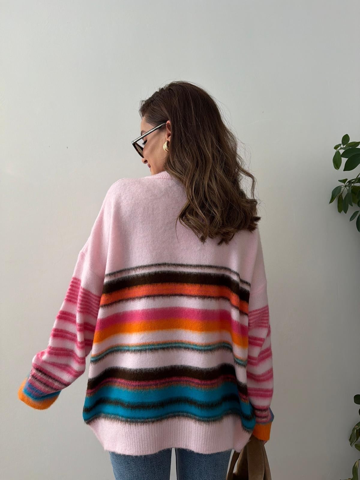 Pembe Renkli Çizgili Kazak 5594