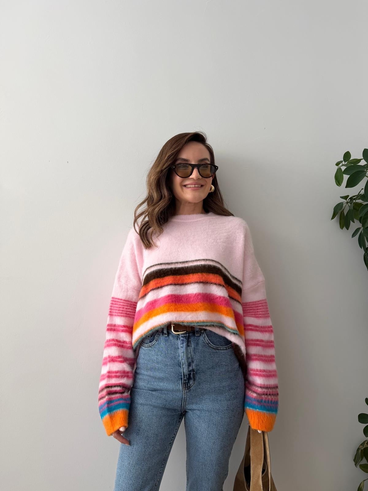 Pembe Renkli Çizgili Kazak 5594