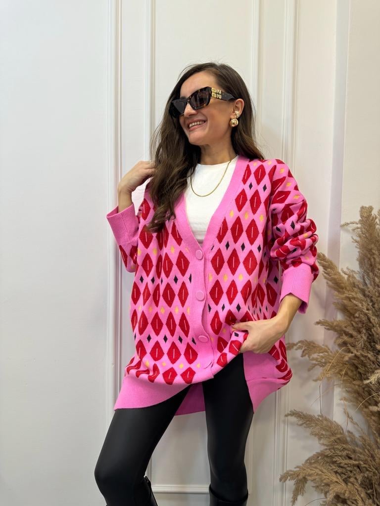 Pembe Renkli Desenli Triko Hırka 0050