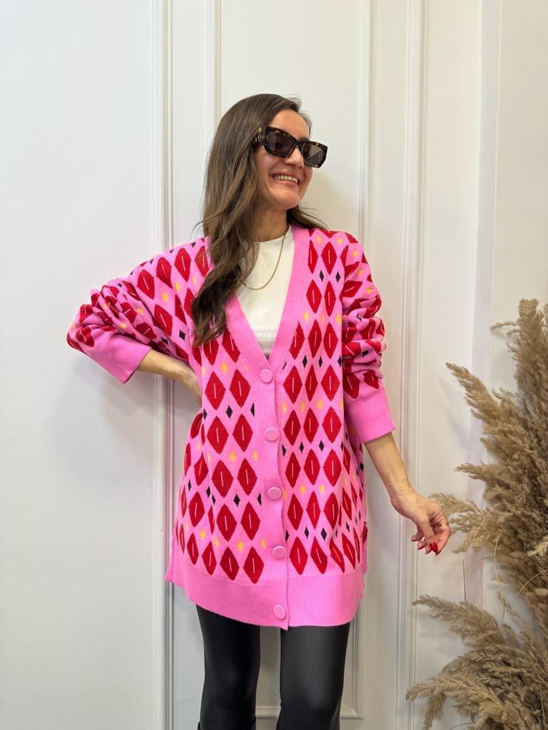 Pembe Renkli Desenli Triko Hırka 0050