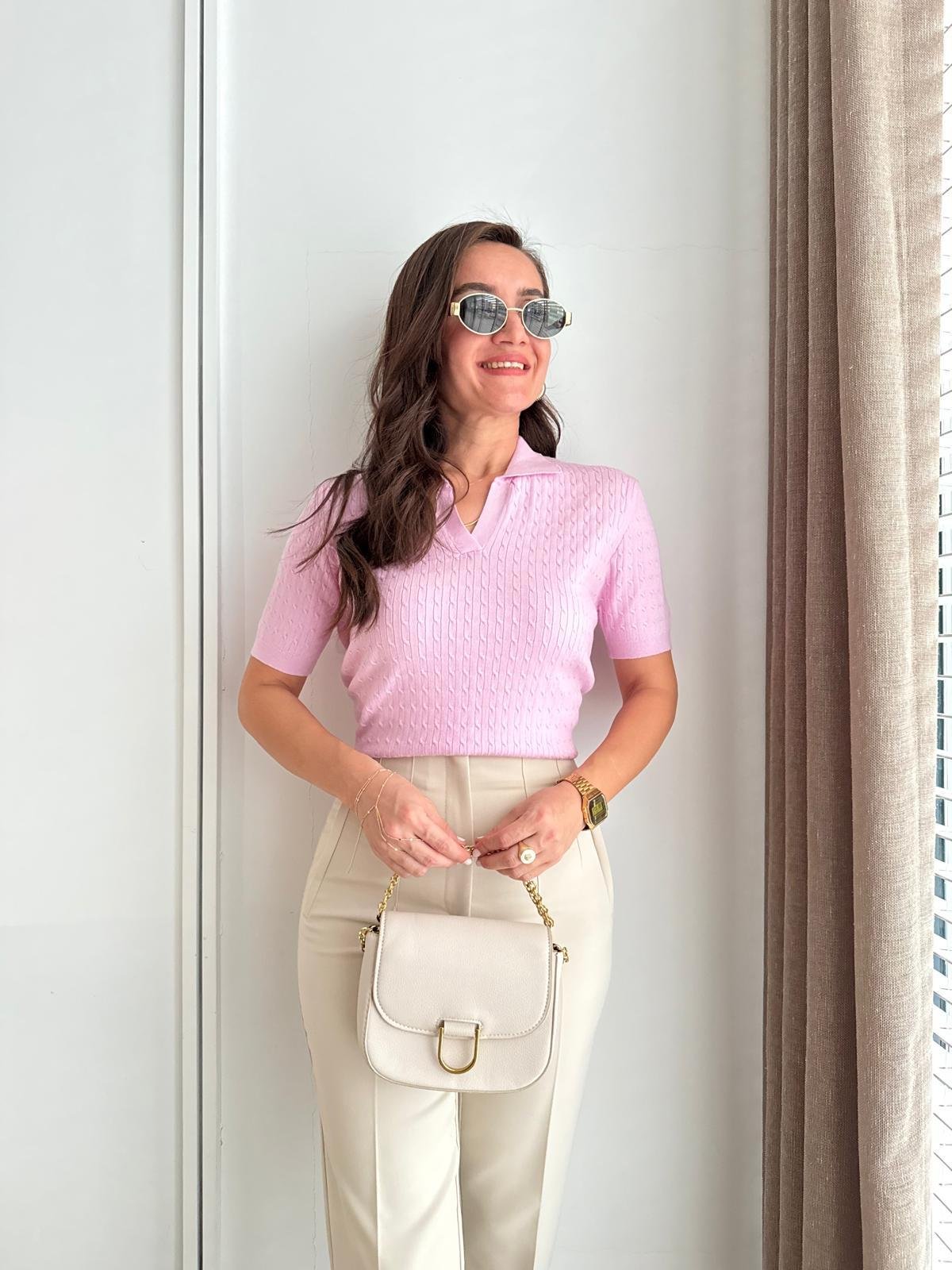 Pembe Saç Örgülü Kısa Kollu Triko Bluz 140482