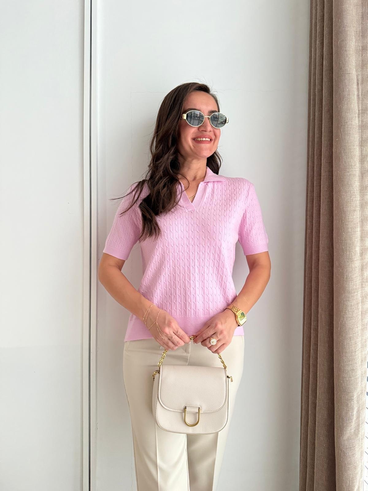 Pembe Saç Örgülü Kısa Kollu Triko Bluz 140482