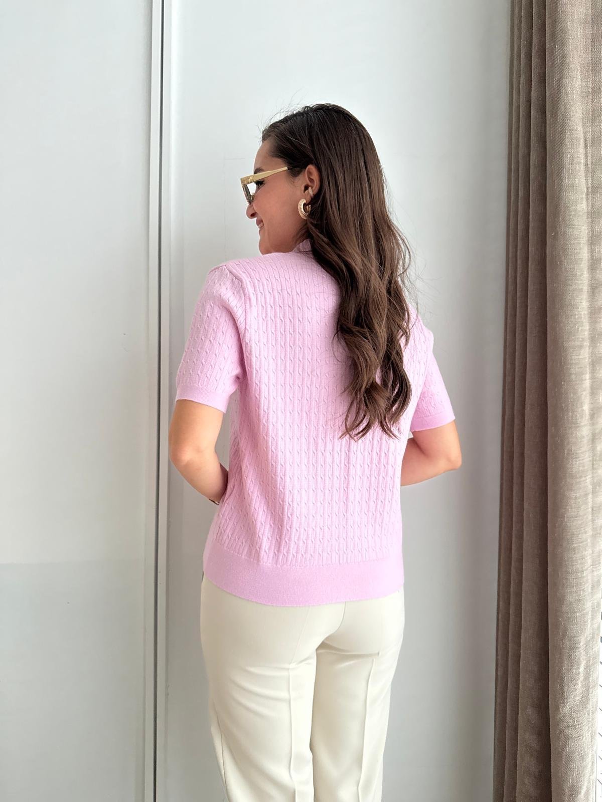 Pembe Saç Örgülü Kısa Kollu Triko Bluz 140482