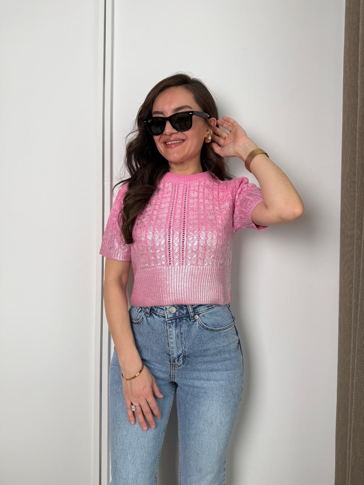 Pembe Saç Örgülü Varaklı Kısa Kollu Triko Bluz 4225