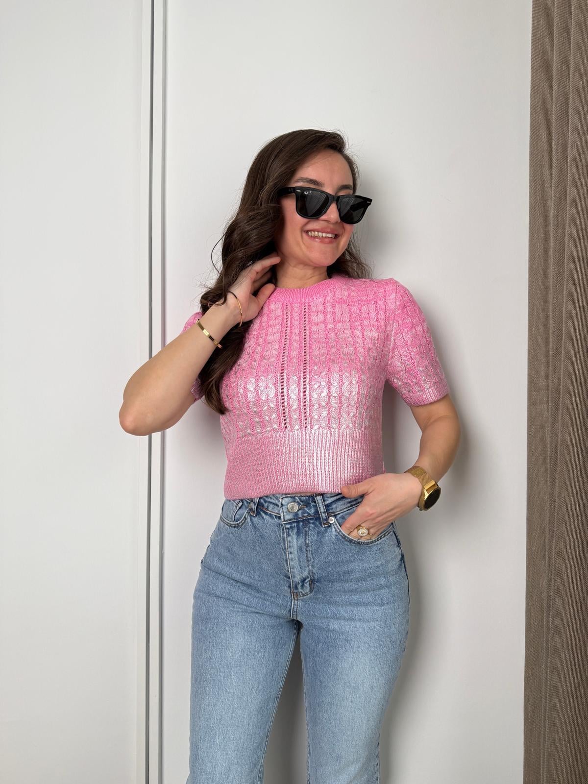 Pembe Saç Örgülü Varaklı Kısa Kollu Triko Bluz 4225
