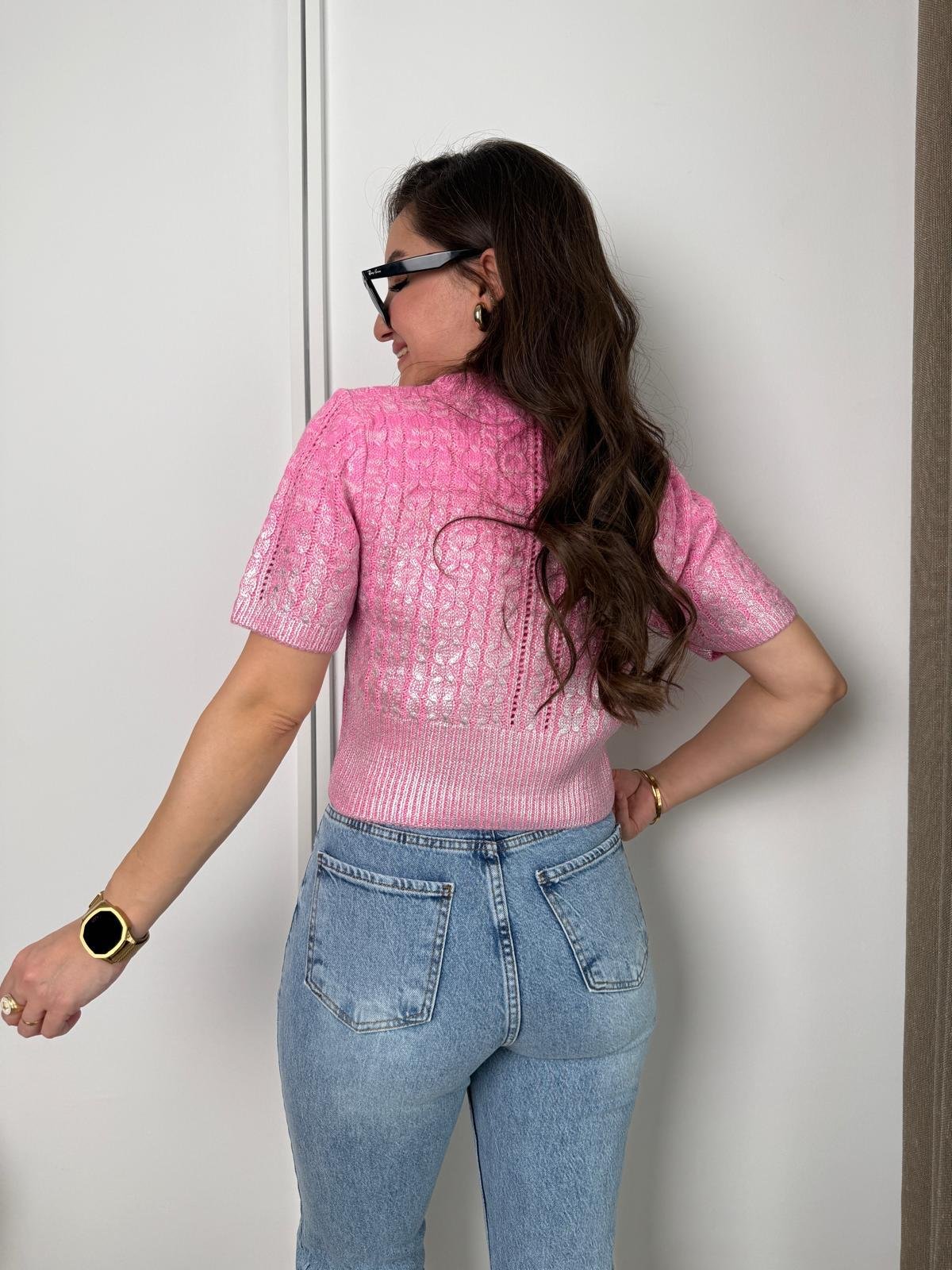 Pembe Saç Örgülü Varaklı Kısa Kollu Triko Bluz 4225
