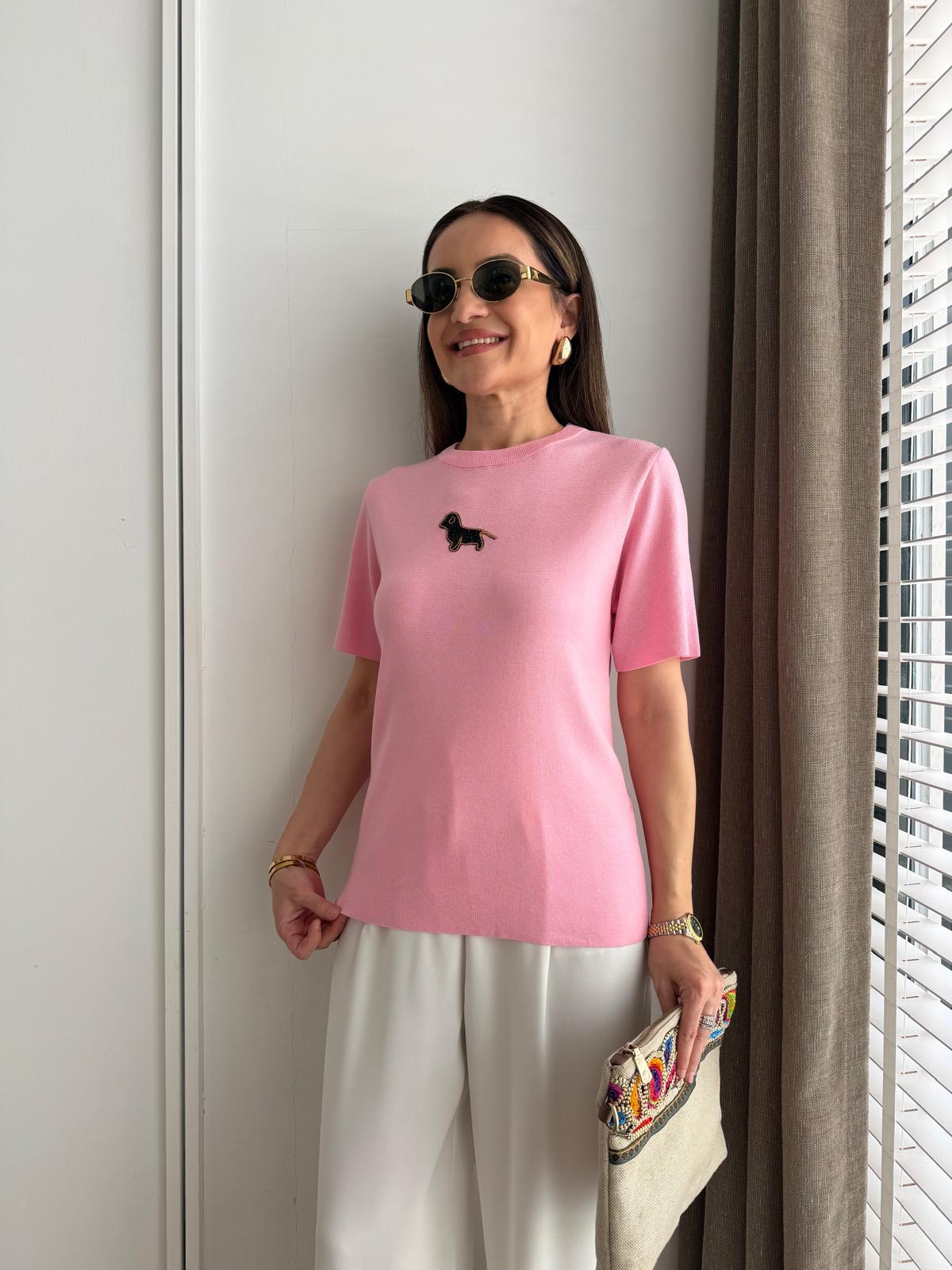 Pembe Sevimli Figürlü Taşlı Kısa Kol Triko Bluz 140646