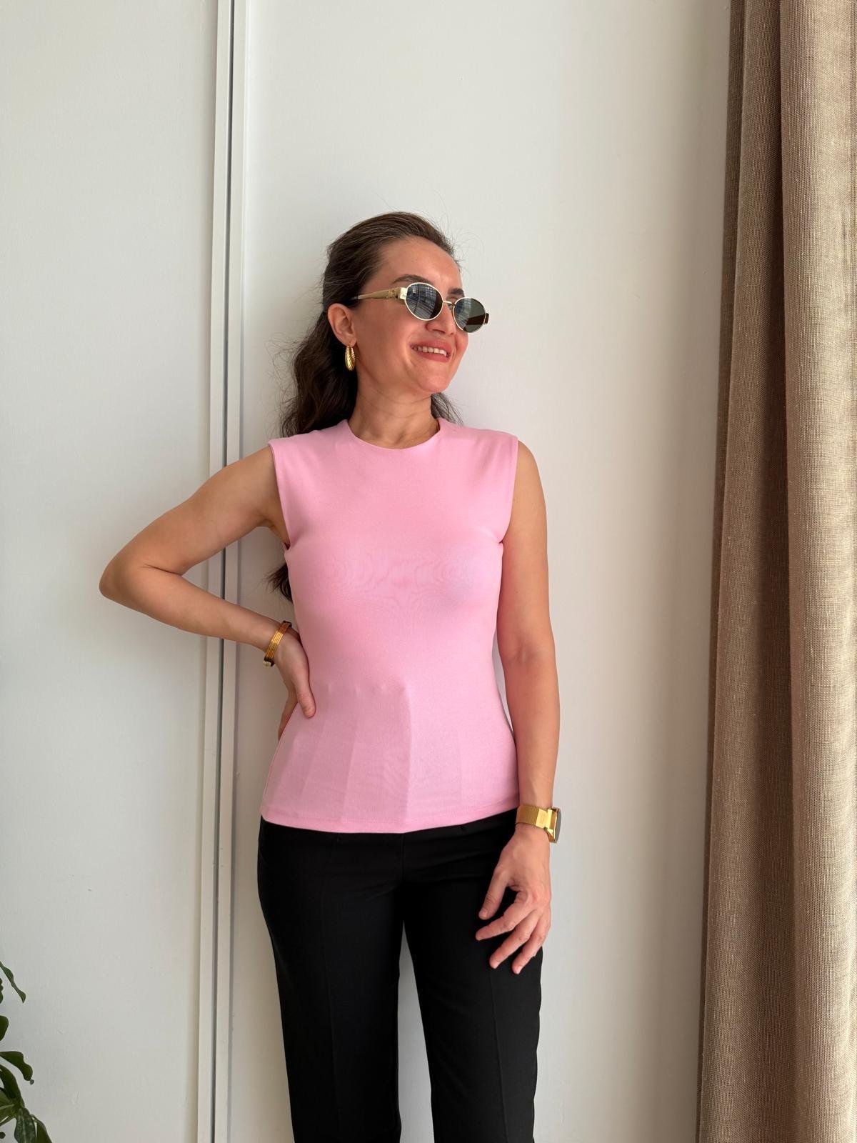 Pembe Sıfır Kol Pamuklu Bluz 16776