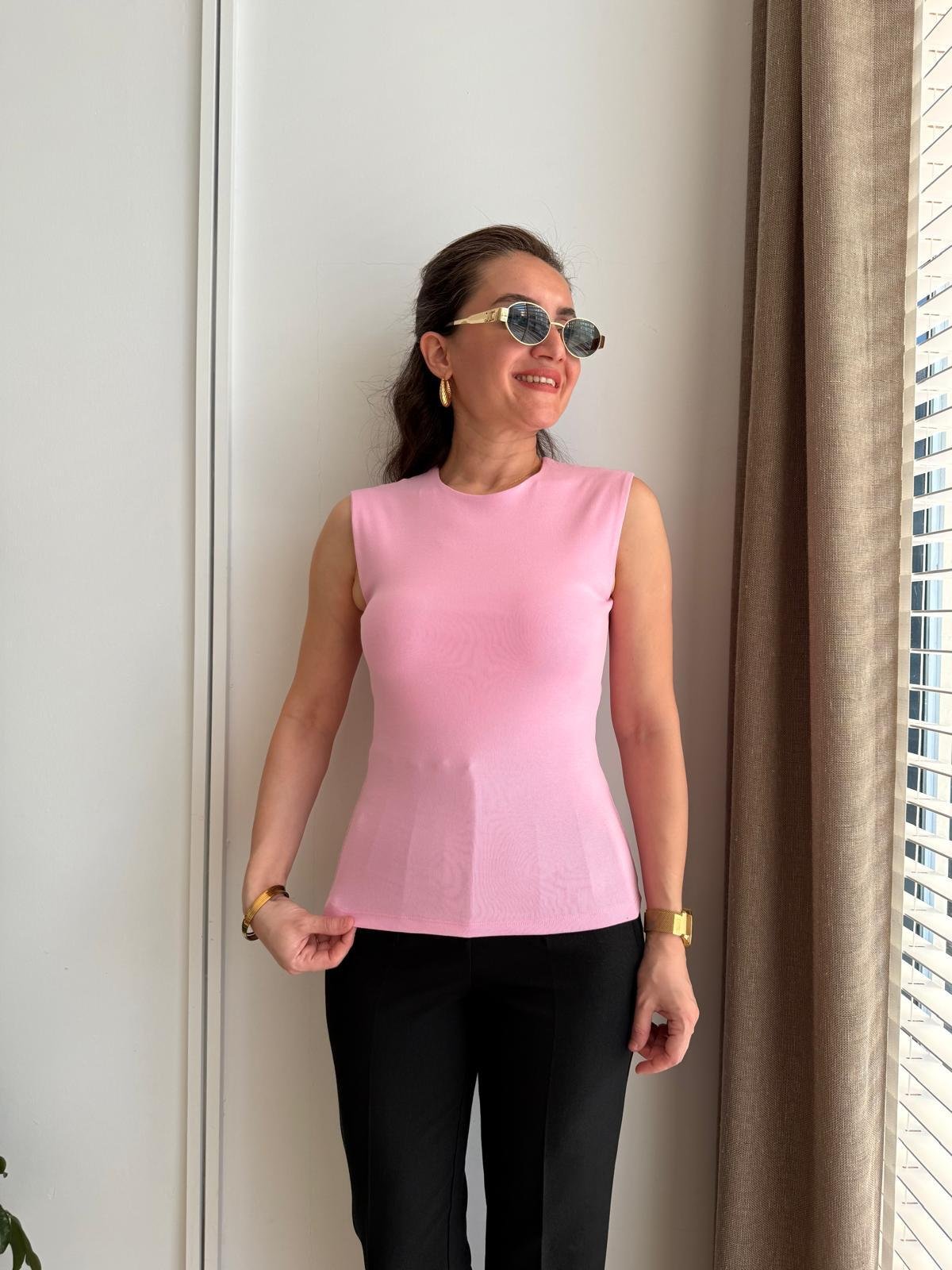 Pembe Sıfır Kol Pamuklu Bluz 16776