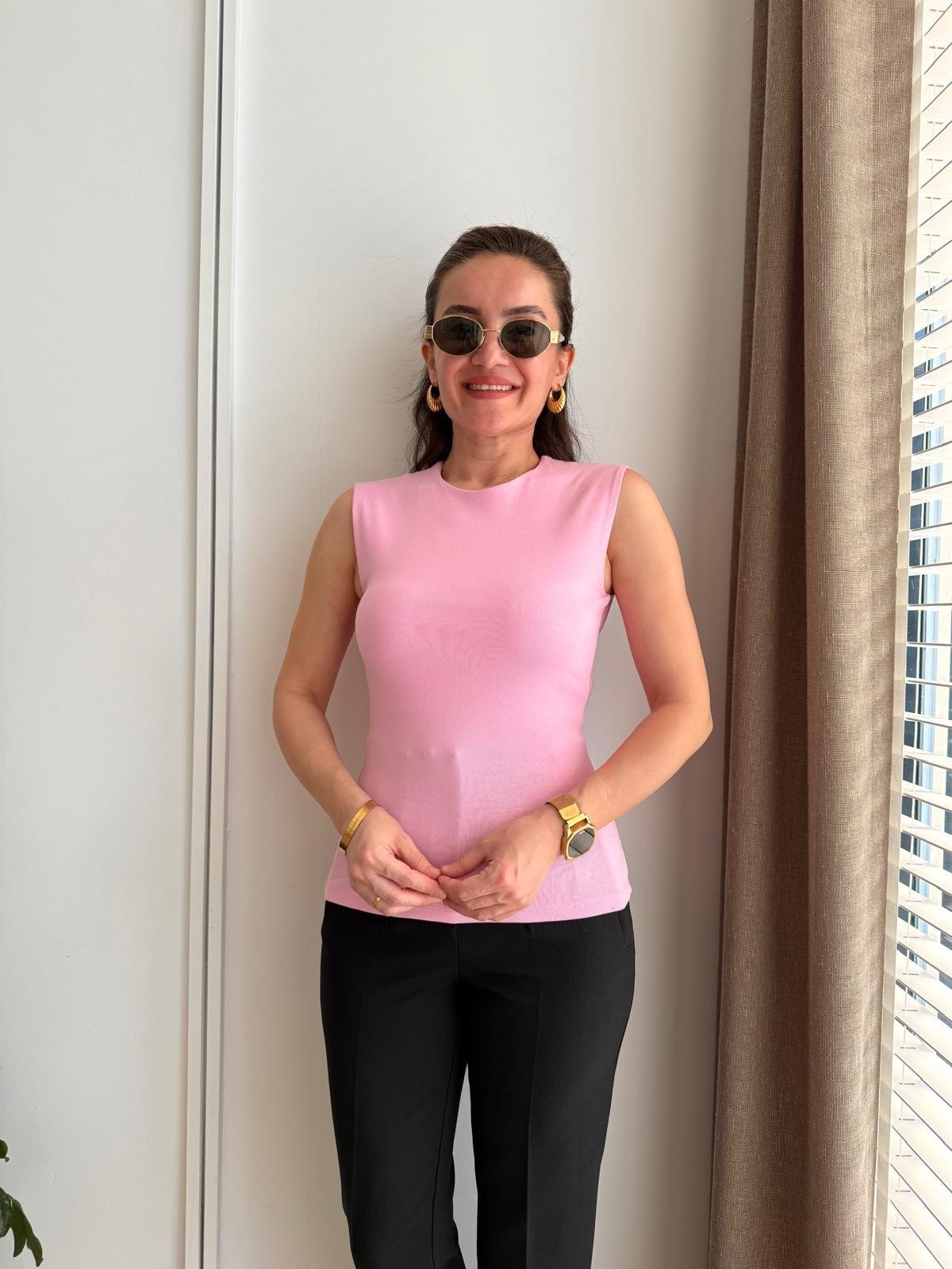 Pembe Sıfır Kol Pamuklu Bluz 16776