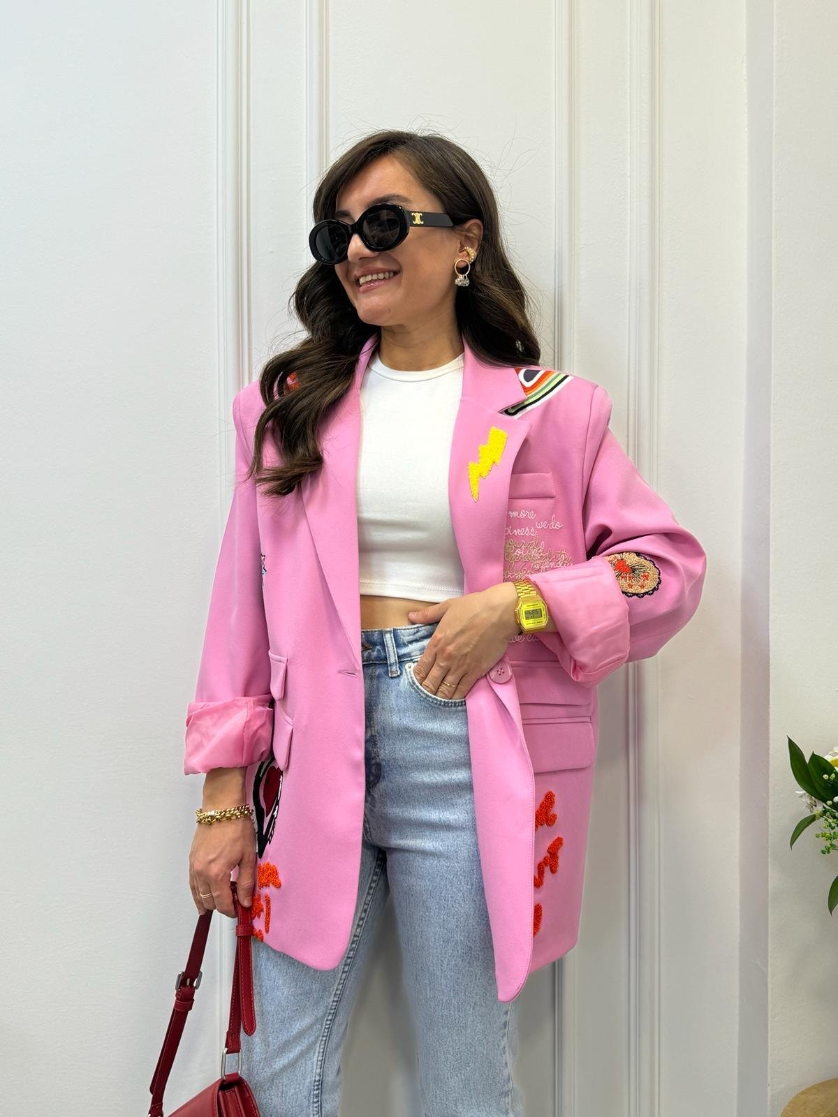 Pembe Tasarım Nakış Detaylı Blazer Ceket 1401