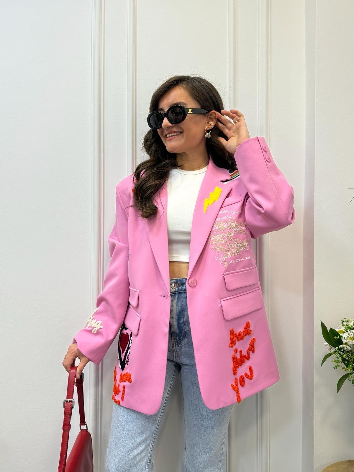 Pembe Tasarım Nakış Detaylı Blazer Ceket 1401