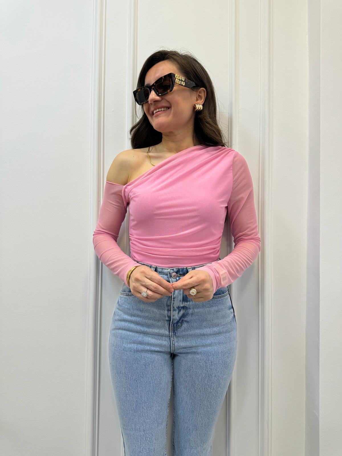 Pembe Tek Omuz Detaylı Yan Drapeli Tül Crop 2901