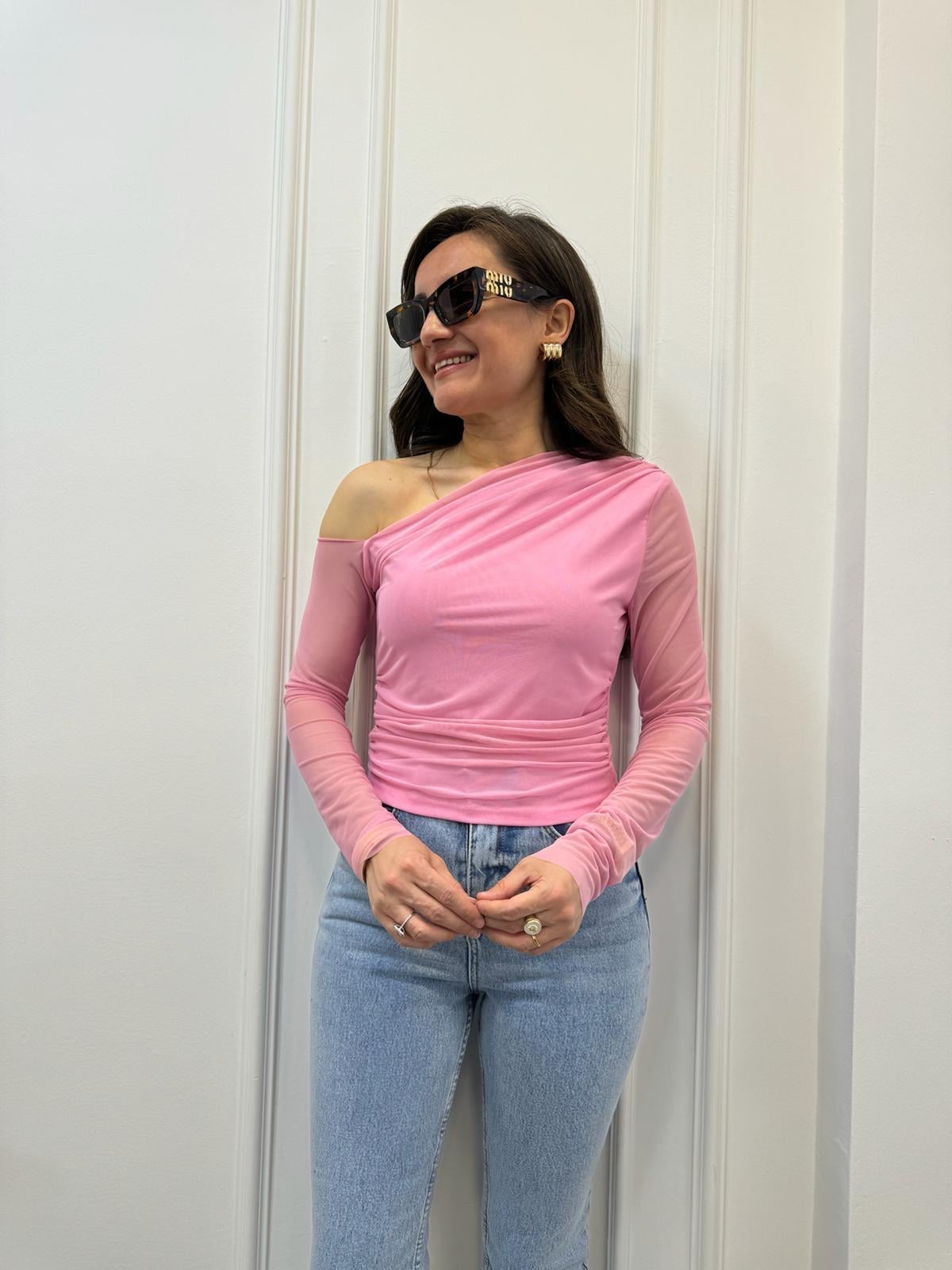 Pembe Tek Omuz Detaylı Yan Drapeli Tül Crop 2901